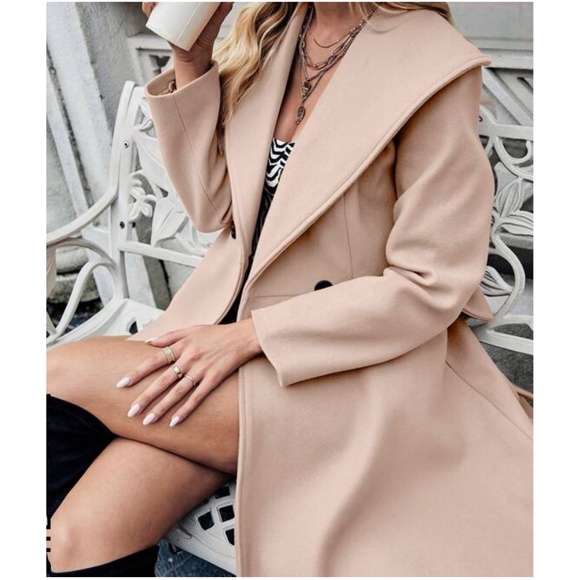 Classic Wide Collar Belted Double Breasted Jacket Coat - Picture 4 of 8